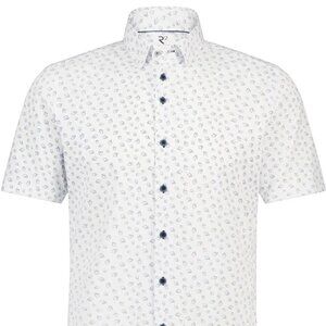 R2 Amsterdam White/Navy Conversational Knitted Short Sleeve Button Up Shirt